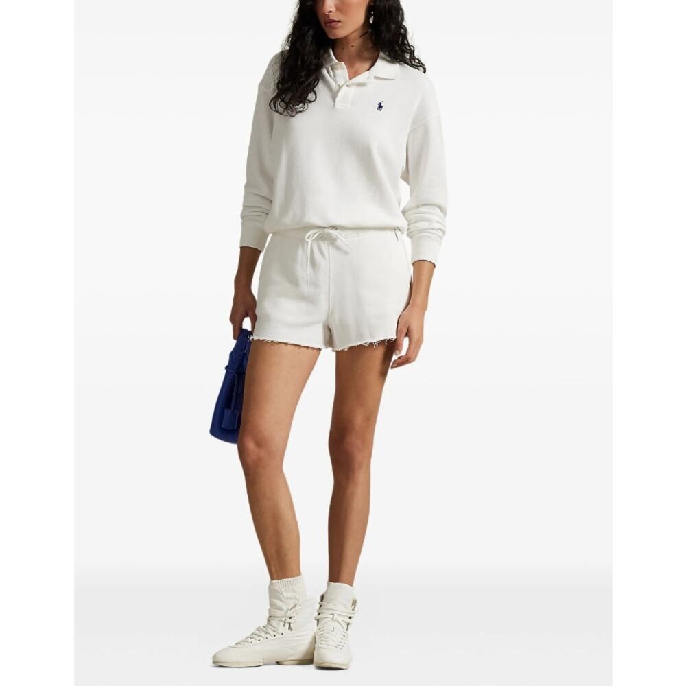 Polo Ralph Lauren White Cotton French Terry Drawstring Frayed Hem Shorts Size M - Picture 4 of 5